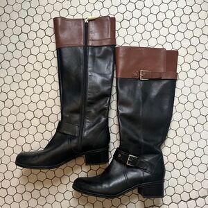 Bandolino brown and black leather knee high riding boots buckles - women's 7